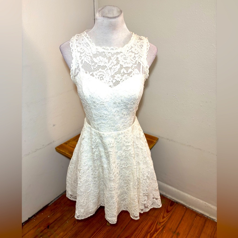XSCAPE Cutout Fit & Flare Lace Dress